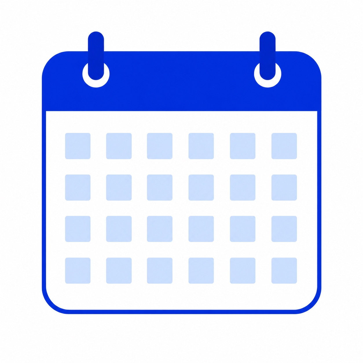 Simple blue and white calendar icon showing a grid of days, with two rings at the top representing binding.
