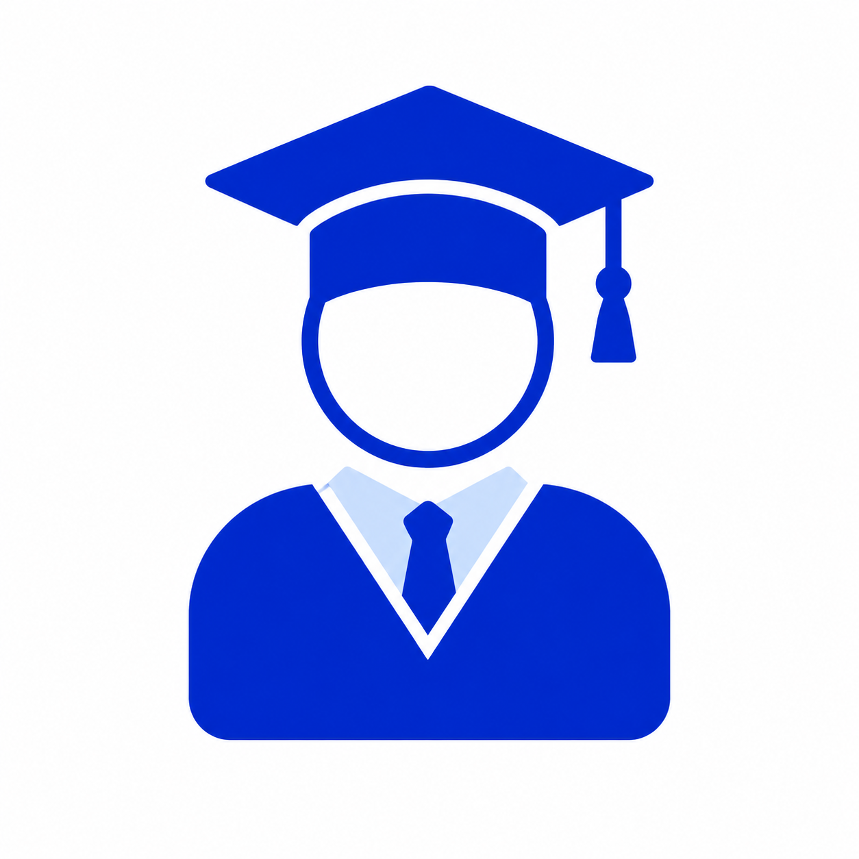 Blue icon of a person wearing a graduation cap and gown, symbolizing a graduate or academic achievement, on a white background.